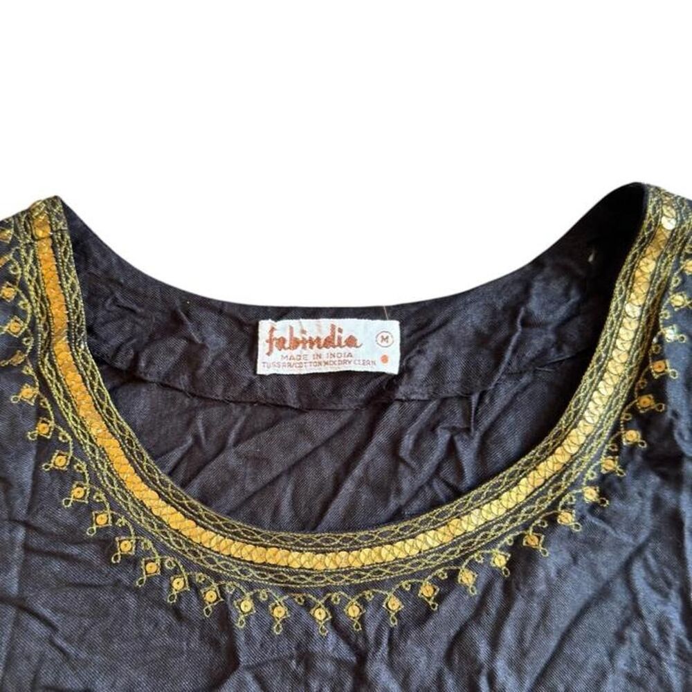 India Fabindia Black cotton dress with gold trim and embroidery, size M